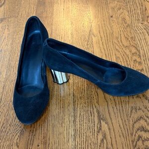 Elegant Black Suede Heels with metallic Block Heel